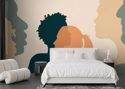 cross cultural, racial equality, multi ethical, diversity children and teenagers. conversation and family impact on relationship, character development, beliefs, habits. background of human silhouette Wall mural