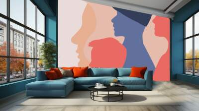 cross cultural communication, diverse people, interactivity between members of different cultural groups. various racial, ethnic, socioeconomic, cultural, lifestyles, experience. profile silhouettes Wall mural