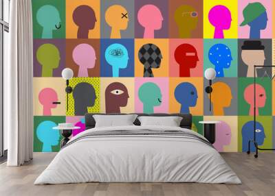 Crowd of young and elderly abstract men, women and children. Diverse group of stylish people standing together. Society or population, social diversity. Flat simple cartoon vector illustration. Wall mural