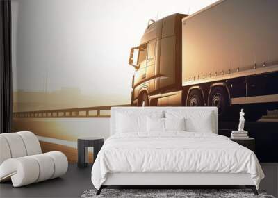 delivery cargo trucks driving in motion on highway road in country field and sunset landscape concept of  lorry logistic freight transportation business. generative ai Wall mural