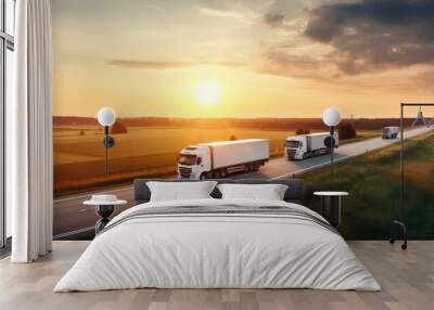 delivery cargo trucks driving in motion on highway road in country field and sunset landscape concept of lorry logistic freight transportation business Wall mural