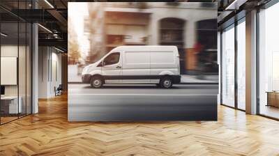 delivery truck driving in fast motion in urban city concept of shipping truck express shipment business background banner with copy space Wall mural