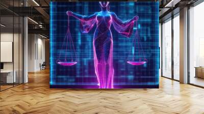 digital crime law lawsuit judiciary jurisprudence concept scales of justice Themis statuette on internet technology web cyber background. generative ai illustration Wall mural