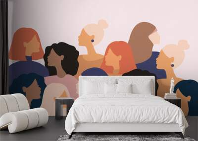 Diversity multiethnic people. Group side silhouette women of different culture and different countries. Coexistence and multicultural community integration, racial equality. Wall mural