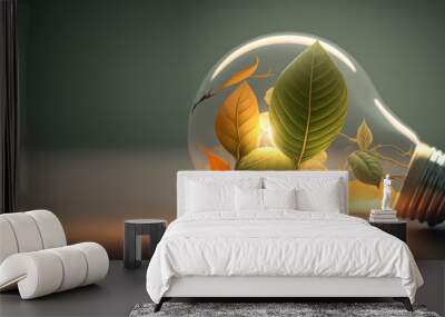 glowing light bulb with leaves inside bulb, isolated on background with copy space. concept of green alternative energy, eco friendly power, sustainability efficiency renewability. generative ai Wall mural