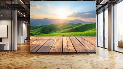 mountain green field landscape background and wooden empty dais table top for hiking tourism, camping equipment, travel tour trip in outdoor nature, eco friendly, product display mockup and copy space Wall mural