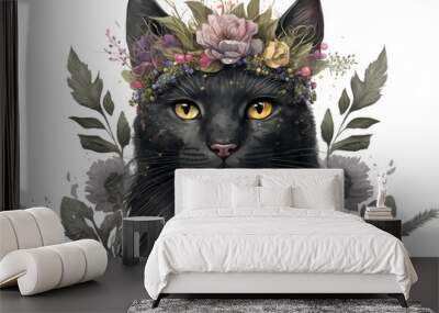 watercolor illustration of black cat with flower crown. generative ai Wall mural