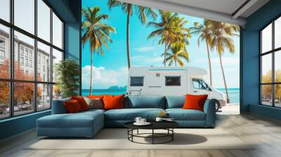 white camper van driving by ocean sea palm beach landscape, concept of traveling with camping trailer truck auto in summer vacation Wall mural