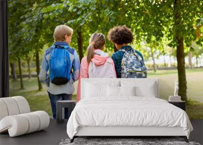 Rear view of school children with backpacks behind their backs walking to school together along the park Wall mural