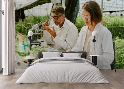 Two scientists working in a lab examining plant specimens surrounded by lush greenery. Researching plant growth under controlled conditions in a greenhouse setting Wall mural