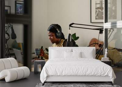 Young African American man with cup of coffee using laptop at break while preparing for recording new podcast with guest in studio Wall mural