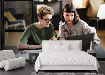 Young businesswoman explaining online work on laptop to her colleague while they sitting at table at office Wall mural