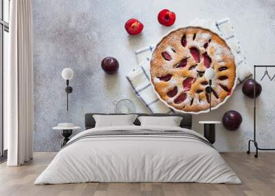 Homemade plum cake and fresh plums Wall mural