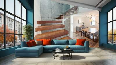 Living room modern interior design with stairs, grey colours, white walls Wall mural