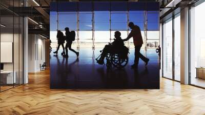 Silhouette of  man in wheelchair and people carrying luggage and walking in  airport Wall mural