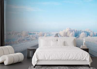 Winter landscape, car road, fresh frosty sunny day Wall mural