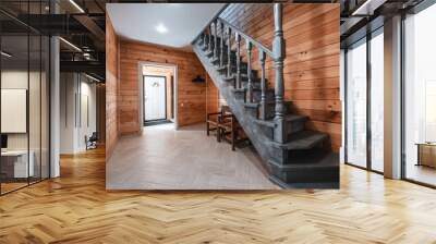 Wooden stairs and walls in simple eco house interior Wall mural