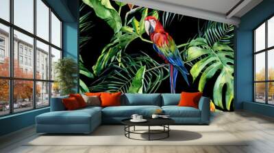 Seamless watercolor illustration of tropical leaves, dense jungle. Scarlet macaw parrot. Strelitzia reginae flower. Hand painted. Pattern with tropic summertime motif. Coconut palm leaves. Wall mural