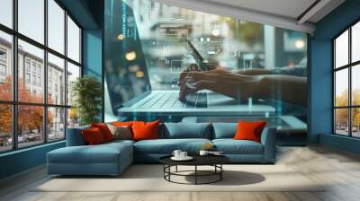 Businessman's hands working with laptop computer Tablet and smartphone in modern office with virtual reality icon diagram at modern office Wall mural