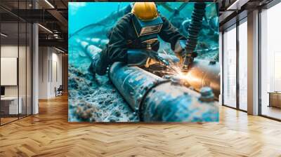 Image of pipeline engineering technicians repairing an underwater petroleum gas pipeline. Wall mural