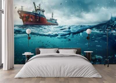 Ship noise pollution affects aquatic animals in the sea.world ocean day world environment day Virtual image. Wall mural