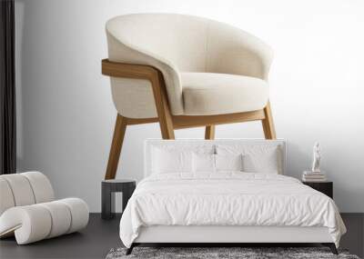 A wooden chair with a white cushion sits on a white background Wall mural