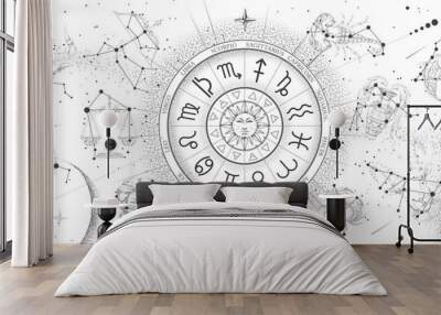 Astrology wheel with zodiac signs on constellation map background. Realistic illustration of  zodiac signs. Horoscope vector illustration Wall mural