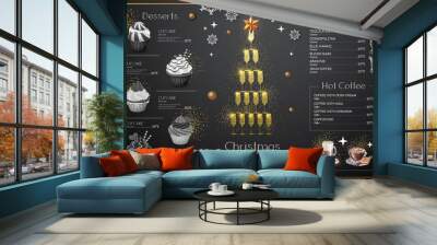 Christmas menu design with golden champagne glasses. Restaurant menu. Pyramid of champagne glasses Wall mural