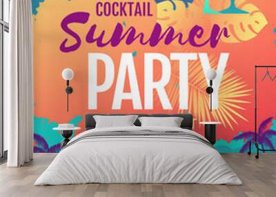 Colorful summer cocktail disco party poster with fluorescent tropic leaves and flamingo. Summertime beach background Wall mural