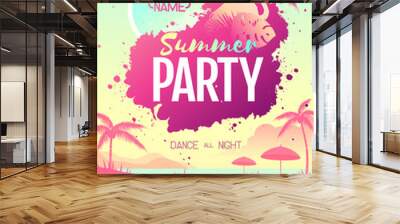 Colorful summer disco party poster with fluorescent tropic leaves and flamingo. Summertime beach background Wall mural