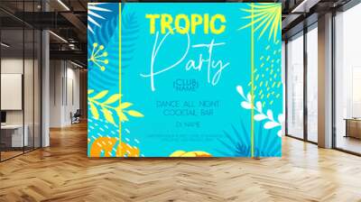 Colorful summer disco party poster with tropic leaves. Summertime background. Vector illustration Wall mural