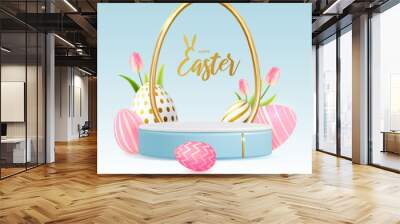 Holiday Easter showcase blue background with 3d podium, easter eggs and tulips. Vector illustration Wall mural