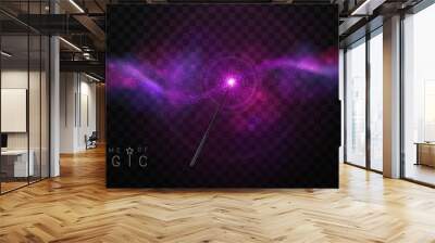 Magic wand with pink and violet glowing shiny trail.  Isolated on black transparent background. Vector illustration Wall mural