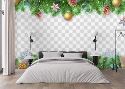 Merry Christmas and Happy New Year greeting card. Christmas holiday fir tree, snowflakes, glass balls, pine cones and star on transparent background Wall mural