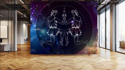 Modern magic witchcraft card with astrology Gemini zodiac sign. Realistic hand drawing men figure illustration. Zodiac characteristic Wall mural