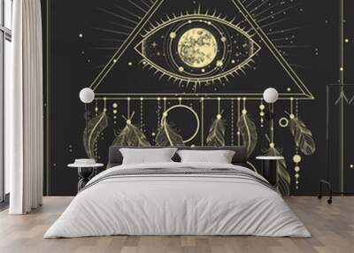 Modern magic witchcraft card with dream Catcher and eye in triangle. Vector illustration Wall mural