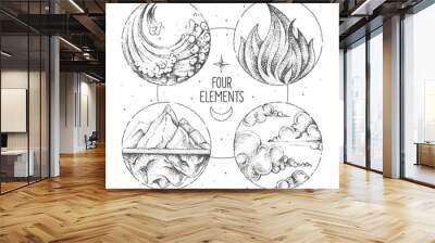 Modern magic witchcraft card with  four elements. Hand drawing occult illustration of water, earth, fire, air Wall mural