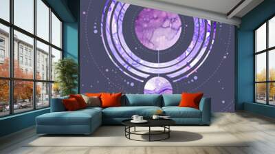 Modern magic witchcraft card with planets in outer space. Alcohol ink occult illustration Wall mural