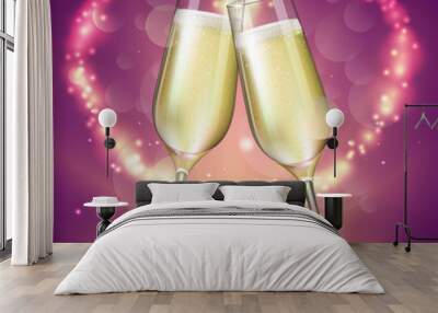 Realistic vector illustration of champagne glass on blurred holiday pink sparkle background Wall mural