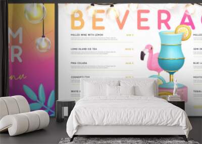 Restaurant summer menu design with 3D plastic cocktail, tropic fruits and flamingo. Vector illustration Wall mural