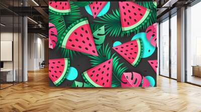 Seamless pattern with watermelon slices and tropic leaves. Vector illustration. Watermelon summer background Wall mural