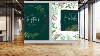 Set of Christmas holiday greeting cards or covers with christmas floral desoration. Vector illustration Wall mural