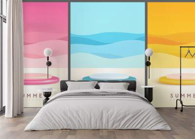 Set of colorful summer backgrounds with plastic stage and abstract wave landscape. Colorful minimal scene. Vector illustration Wall mural