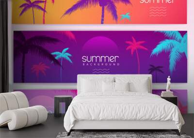 Set of colorful summer tropical gradient banners with fluorescent tropic plants. Summertime template collection. Wall mural