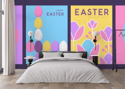 Set of holiday flat Easter posters with rabbit silhouette, Easter eggs, willow branch and floral elements. Vector illustration Wall mural