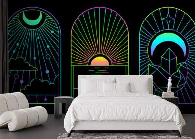 Set of modern flourescent magic witchcraft cards with sun and moon. Line art occult vector illustration Wall mural