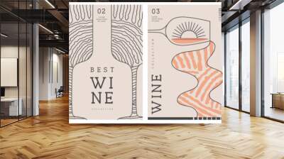 Set of modern line art magazine covers or posters with wine bottles, glasses and abstract texture. Restaurant menu design. Vector illustration Wall mural