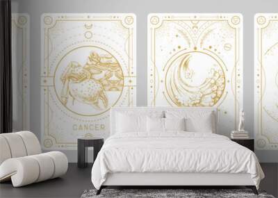 Set of Modern magic witchcraft cards with astrology Cancer zodiac sign characteristic. Vector illustration Wall mural