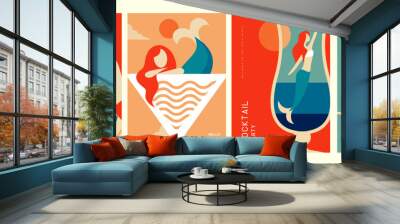 Set of retro summer posters with summer attributes. Cocktail cosmopolitan silhouette, mermaid and sea. Vector illustration Wall mural