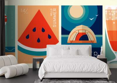 Set of retro summer posters with summer attributes. Cocktail silhouette, tequila sunrise, hot air balloon, watermelon and camp. Vector illustration Wall mural